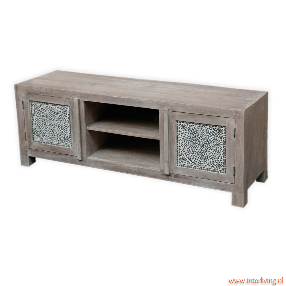 TV kast van sheesamhout grey washed met transparant glasmozaiek