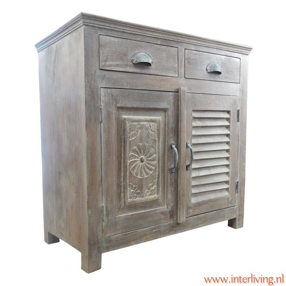 Indiase kast - finish "grey-wash" - 81 cm hoog - met laadjes