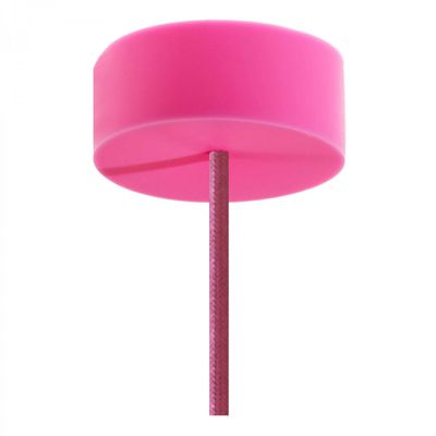 Pretty in Pink: ​Lampenkap uit Bali van rotan met roze snoer, roze rozet en grote lichtbulb