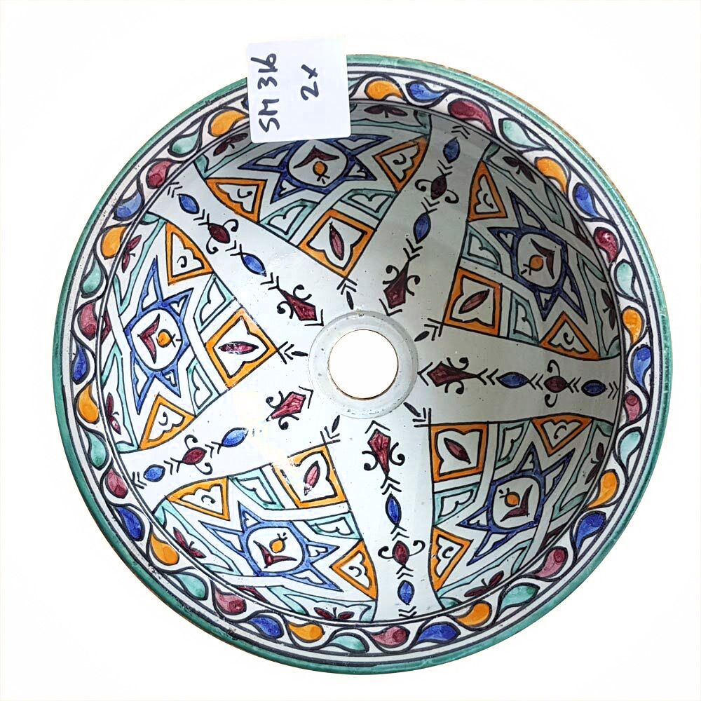 Marokkaanse waskom "Fonteinkom Fez" kleurrijk - "SM316" - rond model - aardewerk (opbouw) wasbak Ø 30 cm