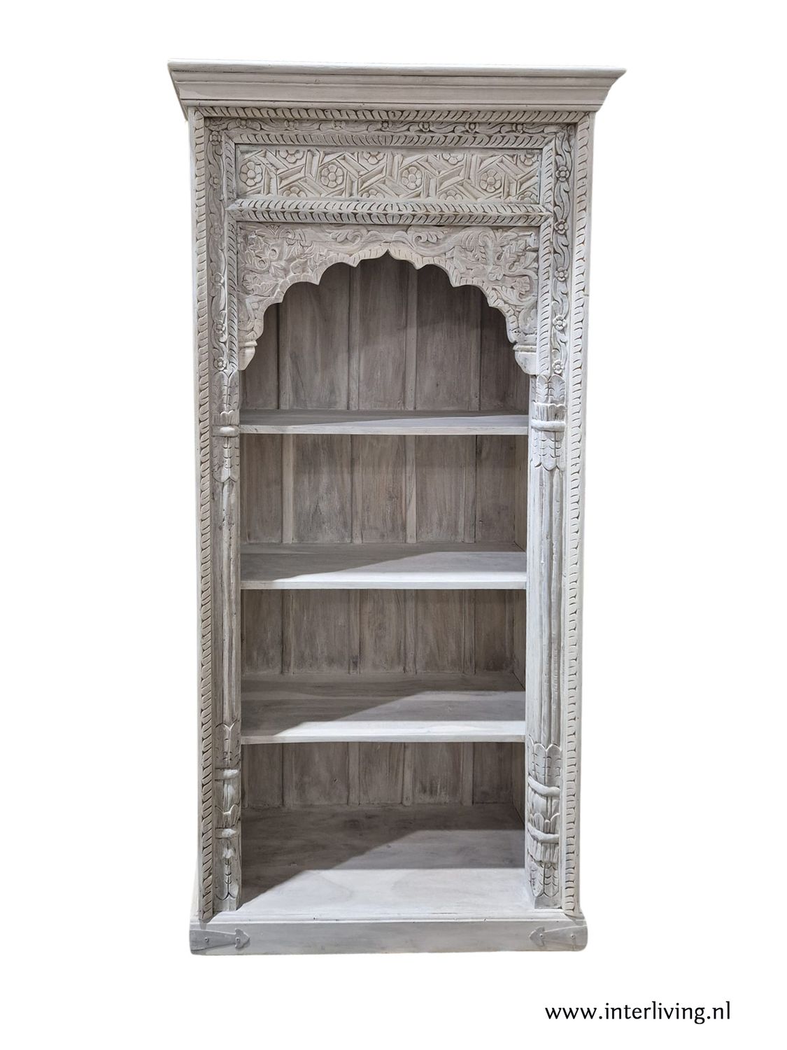 Open boeken of vitrine kast van massief hout - met oosterse bogen en houtsnijwerk - white wash - hoog model - 180*90*40 cm uit India