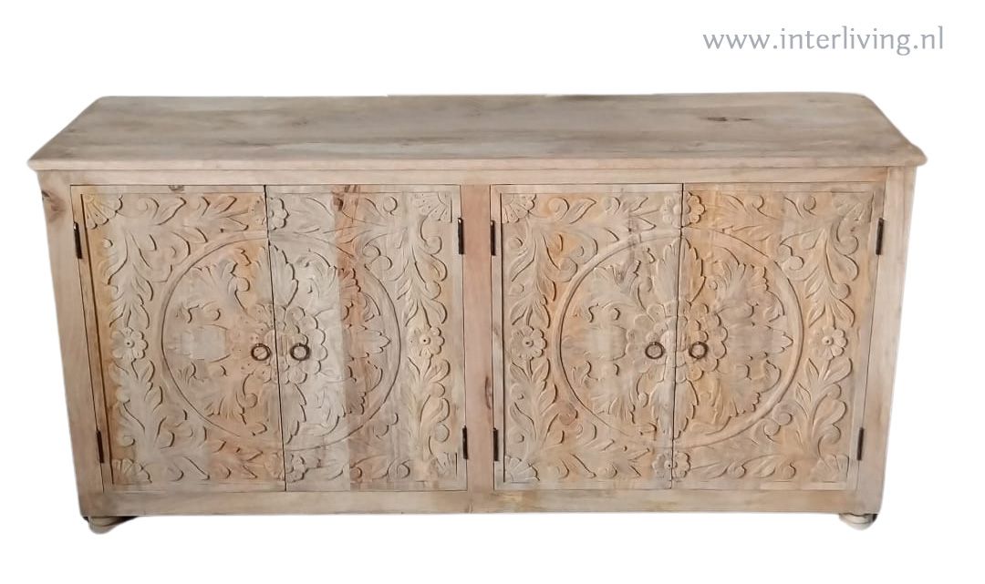 Dressoir onbehandeld mangohout met lotus houtsnijwerk 150 x 76 x 40 cm