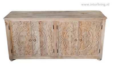 Dressoir onbehandeld mangohout met lotus houtsnijwerk 150 x 76 x 40 cm