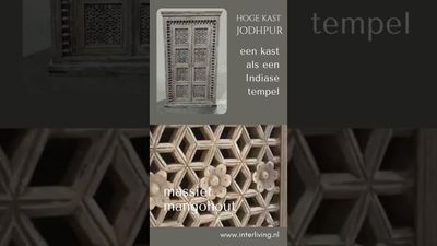 Massief mango houten kast Jodhpur - grijs / grey washed met houtsnijwerk uit India - hoog model -190*110*40 cm