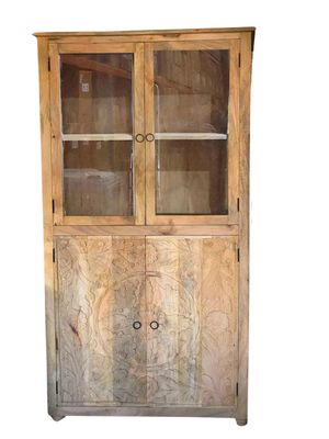 vitrinekast mangohout 200 x 100 x 40 cm - naturel - kast met lotus houtsnijwerk en glasdeuren