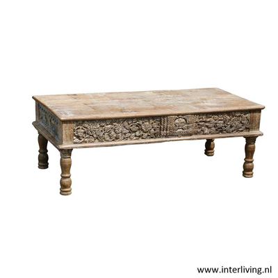 salontafel - vintage Ibiza chic style - massief mango hout met prachtig oud houtsnijwerk - stoer model van 120 x 60 cm