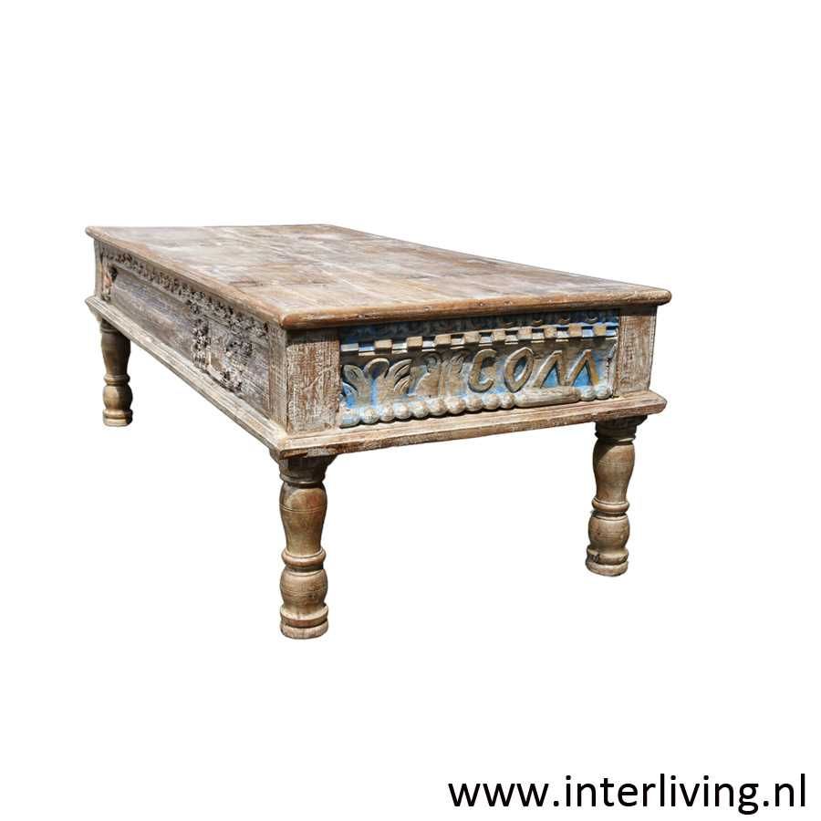 salontafel - vintage Ibiza chic style - massief mango hout met prachtig oud houtsnijwerk - stoer model van 120 x 60 cm