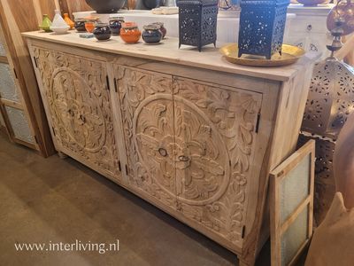 Dressoir onbehandeld mangohout met lotus houtsnijwerk 150 x 76 x 40 cm