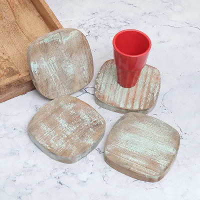 mangohouten onderzetters vintage aqua - 4 stuks