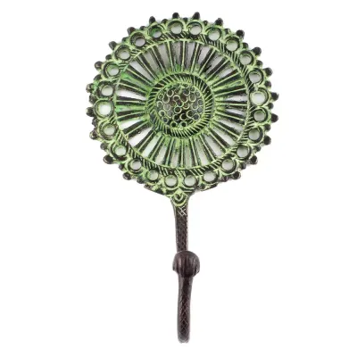 Haak van messing - finish groen / vintage - zonnebloem - voor aan de muur