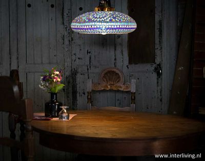 Ibiza style open hanglamp - aqua met blauw glasmozaïek en brass - 38 cm