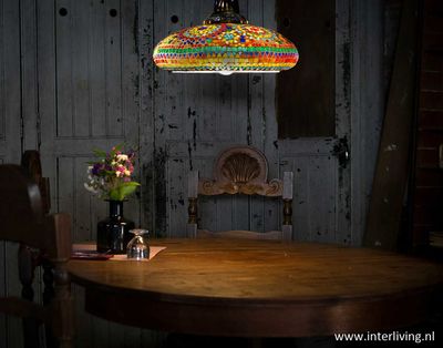 Bohemian kleurrijke open hanglamp van multi colour glas mozaïek met donker brass metaal Marrakesh style - 38 cm