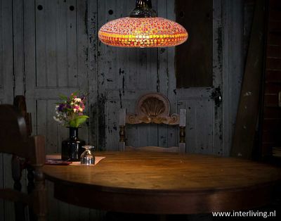 rood-oranje open hanglamp -  glasmozaïek met donker brass armatuur Marrakesh style - 38 cm