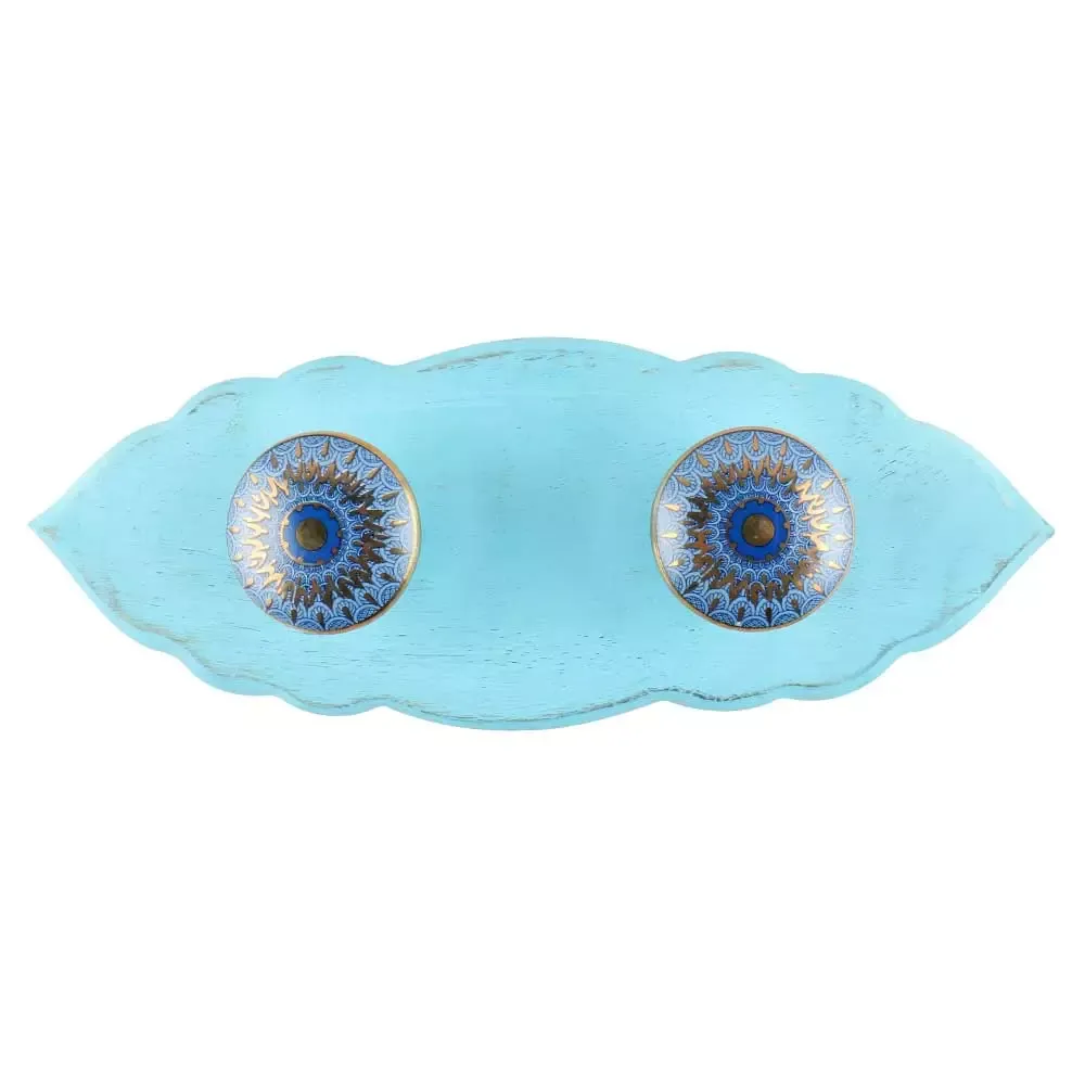 kapstok &quot;pauwenogen&quot; - wand model van turquoise  mangohout - met twee keramische knopjes
