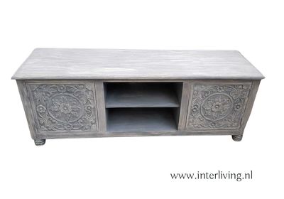 TV kast grey ibiza washed met lotus houtsnijwerk 150*55*45 cm