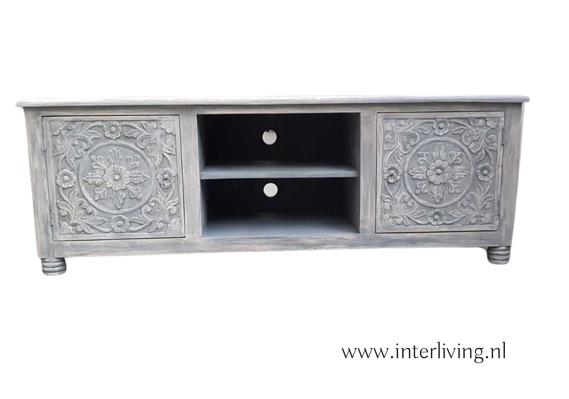 TV kast grey ibiza washed met lotus houtsnijwerk 150*60*40 cm