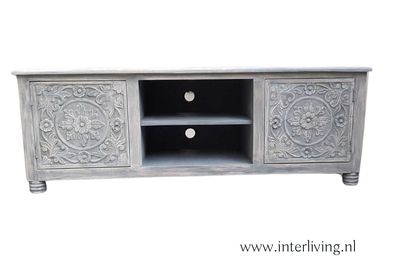 TV kast grey ibiza washed met lotus houtsnijwerk 150*55*45 cm