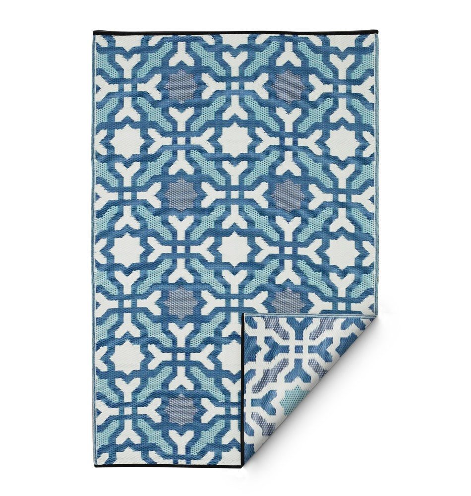 binnen & buitenvloerkleed multi colour - BLAUW - geometrisch tegel patroon- maat: S / M / L / Xl / XL eco plastic gerecycled tuinkleed / fairtrade & Goodwave certificaat