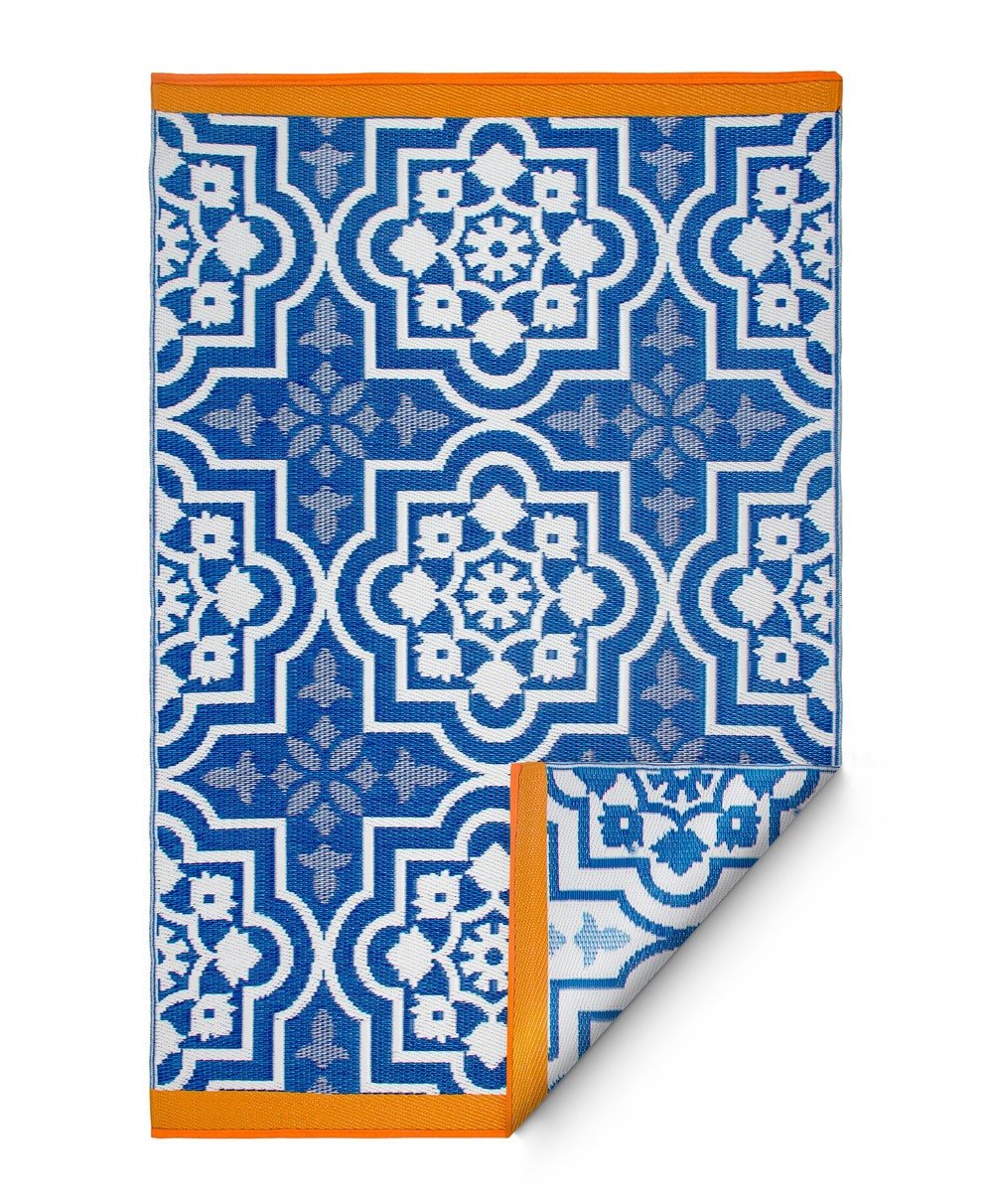 binnen & buiten vloerkleed - blauw witte mediterraanse tegel-print - S/ M / L / XL tuinkleed - duurzaam eco buitentapijt met goodweave certificaat