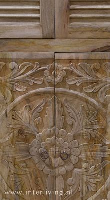 oosterse buffet kast uit India van mangohout - met houtsnijwerk en lamellen -unfinished naturel