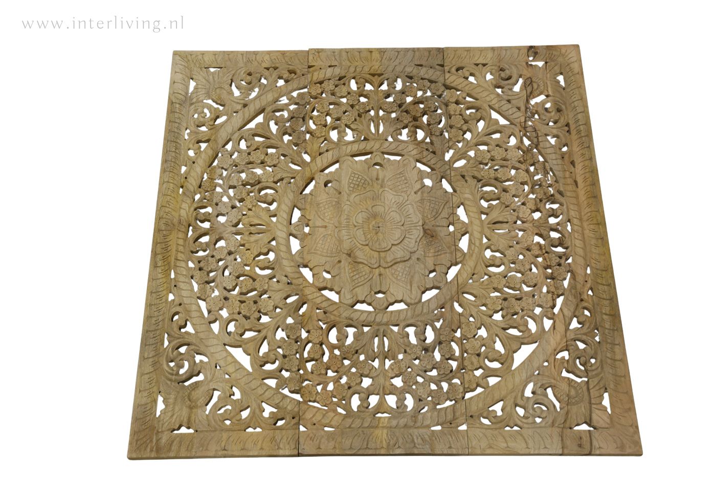 groot lotus muurpaneel 140 cm doorsnede - 3 cm dik massief mangohout  - mandala houtsnijwerk - muurdecoratie van 3 houten panelen handgemaakt