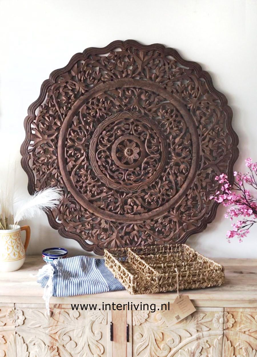 rond lotus houtsnijwerk wandpaneel - donker hout - muurdecoratie  handgemaakt