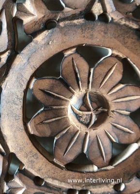 rond lotus houtsnijwerk wandpaneel - donker hout - muurdecoratie  handgemaakt