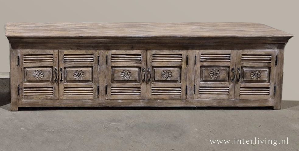 Ibiza dressoir / TV kast  XL -  sunflower -shutters met houtsnijwerk 200*56*40 cm