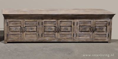 Ibiza dressoir / TV kast  XL -  sunflower -shutters met houtsnijwerk 200*56*40 cm
