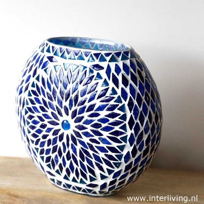 tafellamp rond "Fado Globe" Ø20 - funky blauw glasmozaïek in vintage turkish design