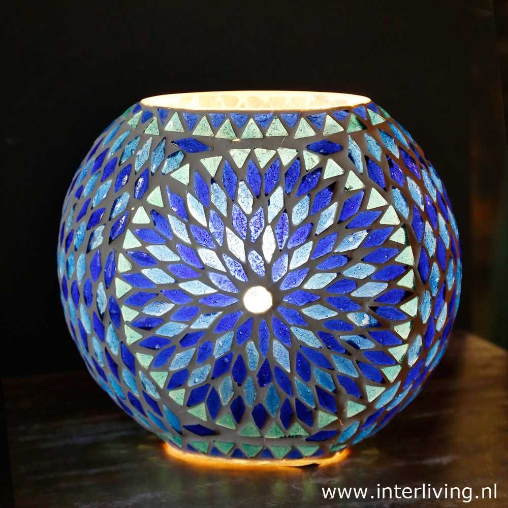 tafellamp rond &quot;Fado Globe&quot; Ø20 - funky blauw glasmozaïek in vintage turkish design