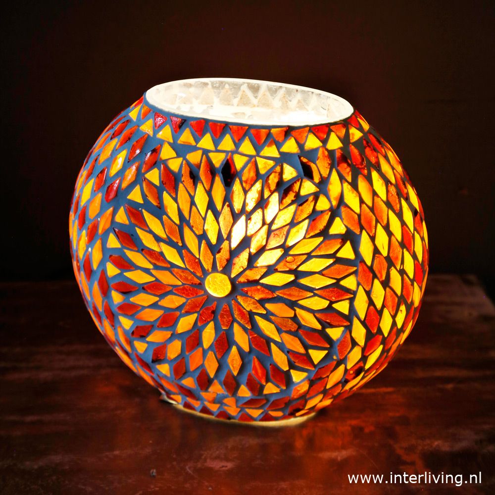 tafellamp rond &quot;Fado Globe&quot; Ø20 funky glasmozaïek - vintage turkish design - rood  oranje