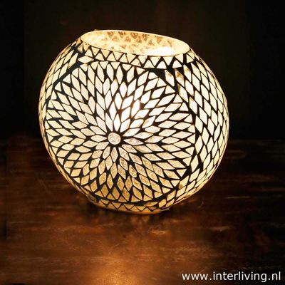 tafellamp rond &quot;Fado Globe&quot; Ø20 funky Turkish Design mozaïek - vintage (transparant) opaal / mat wit glas