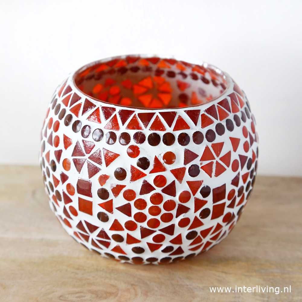 Waxinehouder mozaïek - grote bol 14 cm - retro rood oranje