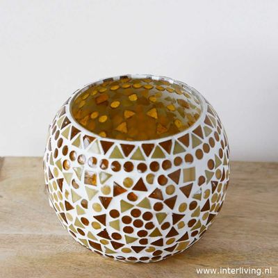 Waxinehouder mozaïek - grote bol 14 cm - goud beige bruin mozaiek