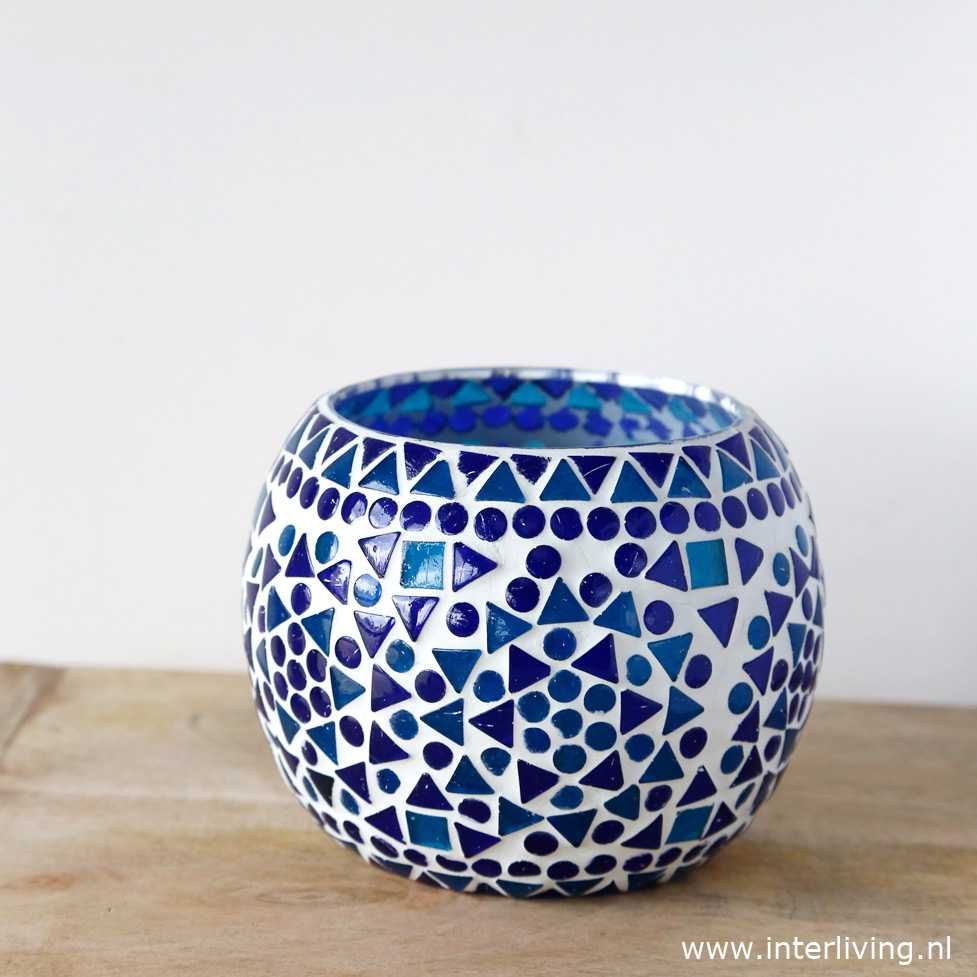 Waxinehouder mozaïek - grote bol 14 cm - blauw