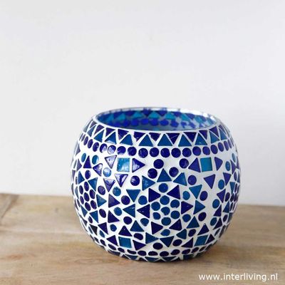 Waxinehouder mozaïek - grote bol 14 cm - blauw