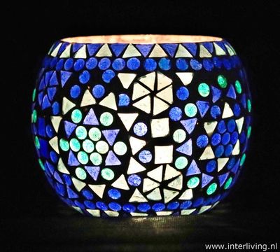 Waxinehouder mozaïek - grote bol 14 cm - blauw