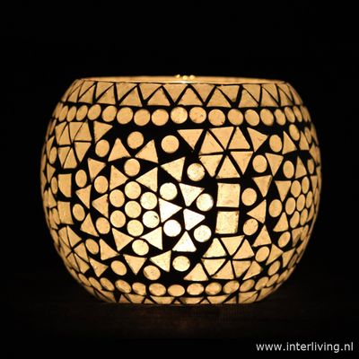 Waxinehouder mozaïek - grote bol 14 cm - mat wit