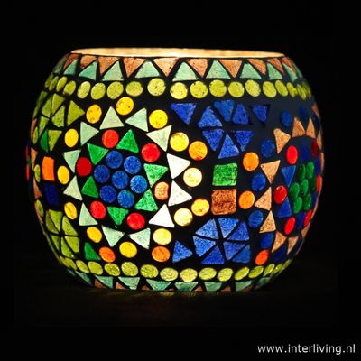 Waxinehouder mozaïek - grote bol 14 cm - kleurrijke woondeco