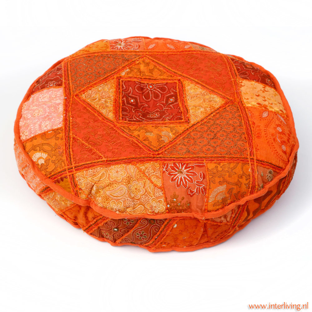rond vloerkussen oranje patchwork