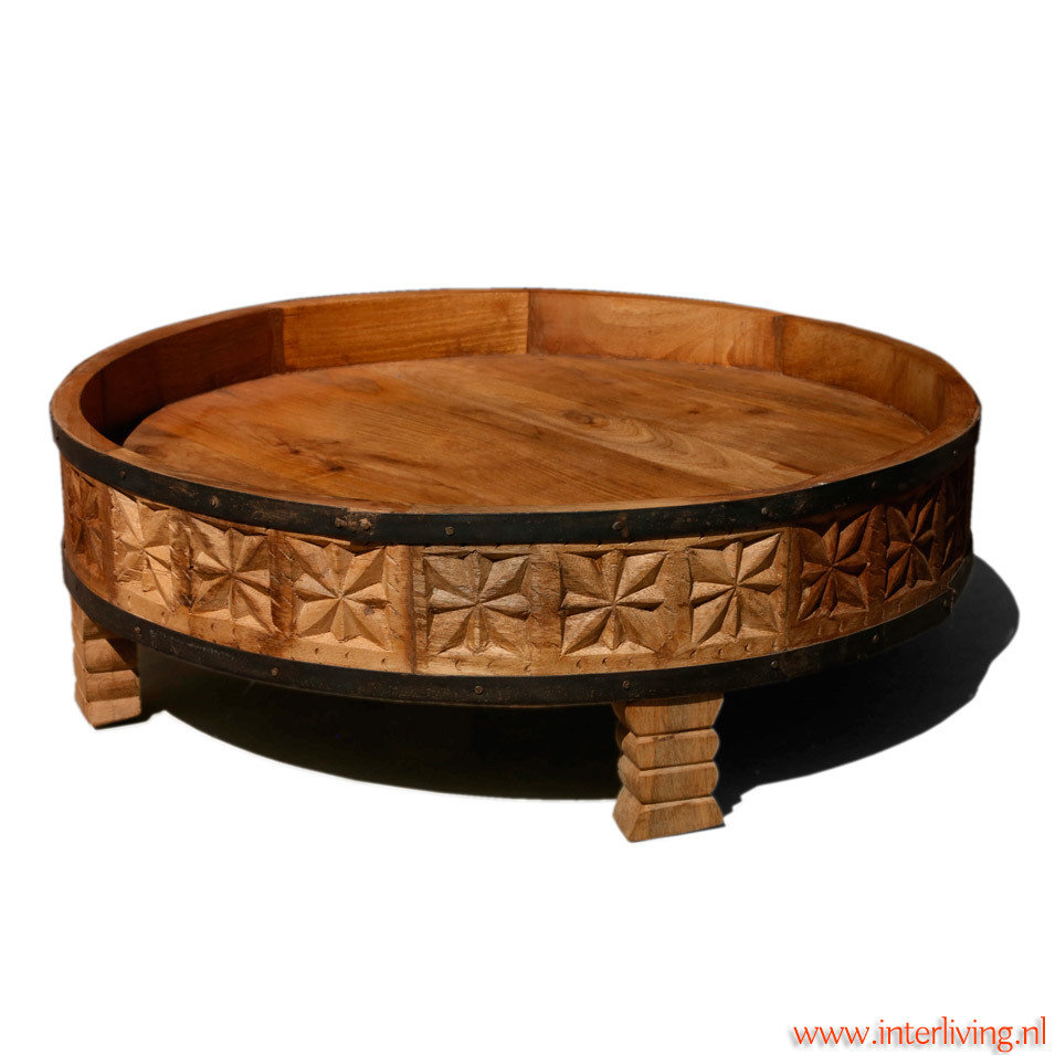 houten gekerfde chakki tafel uit India - naturel