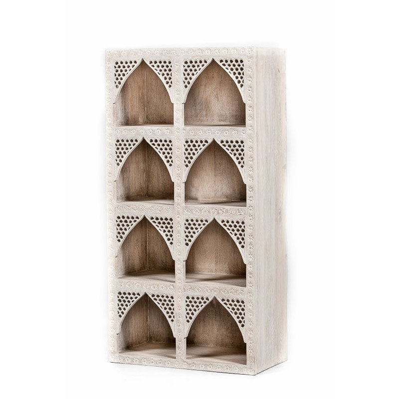 open kast van mango hout met houtsnijwerk van oosterse bogen - white wash  - 140 cm