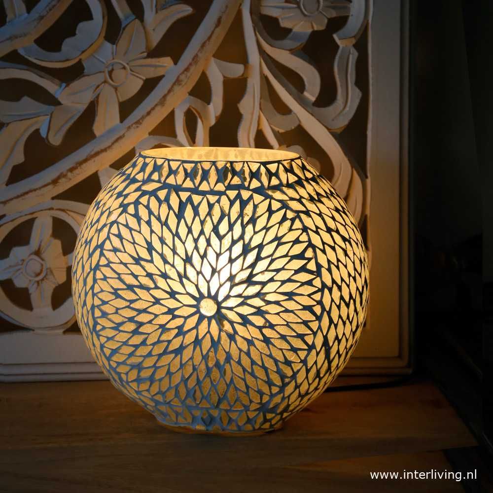 tafellamp rond &quot;Fado Globe&quot; Ø25 funky Turkish Design mozaïek - vintage (transparant) opaal / mat wit glas