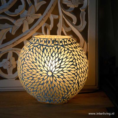 tafellamp rond &quot;Fado Globe&quot; Ø25 funky Turkish Design mozaïek - vintage (transparant) opaal / mat wit glas