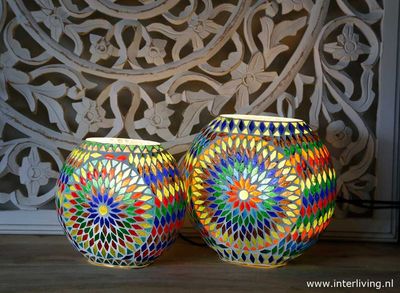 retro tafellamp rond "Fado Globe" Ø25 cm - funky gekleurd glasmozaïek in vintage turkish design