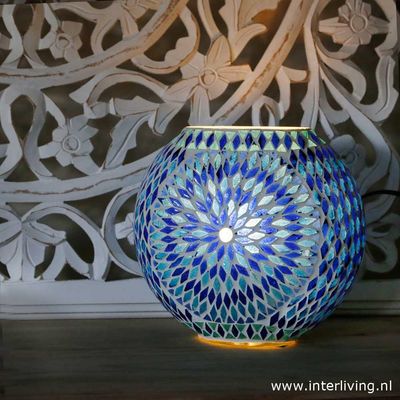 tafellamp rond &quot;Fado Globe&quot; Ø 25 cm - funky blauw glasmozaïek in vintage turkish design