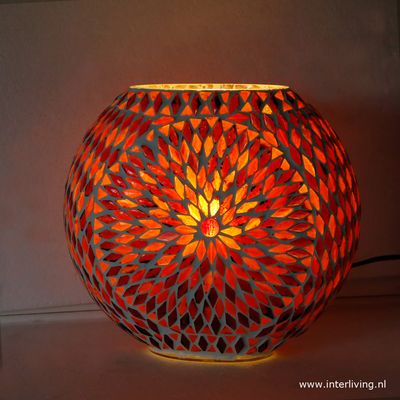 tafellamp rond &quot;Fado Globe&quot; Ø25 cm - funky vintage glasmozaïek -  turkish design - rood  oranje