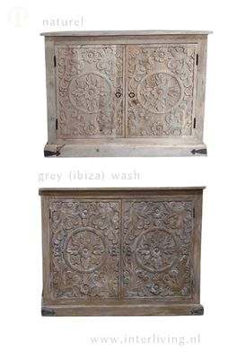Kast van naturel mangohout met lotus houtsnijwerk - op plint - 100 x 80 x 50 cm