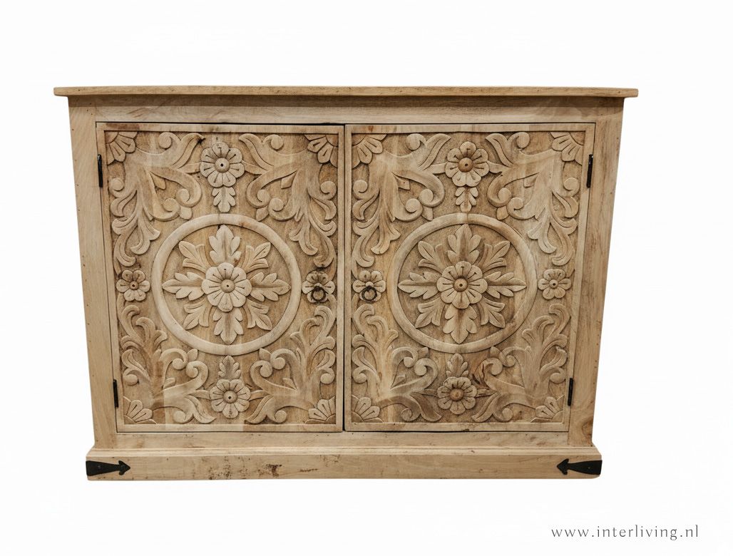 Kast van naturel mangohout met lotus houtsnijwerk - op plint - 120 x 90 x 50 cm